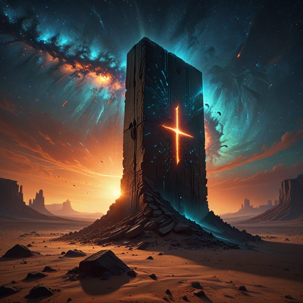 Ancient Monolith in Starlit Desert, Beksiński-Inspired Layer...