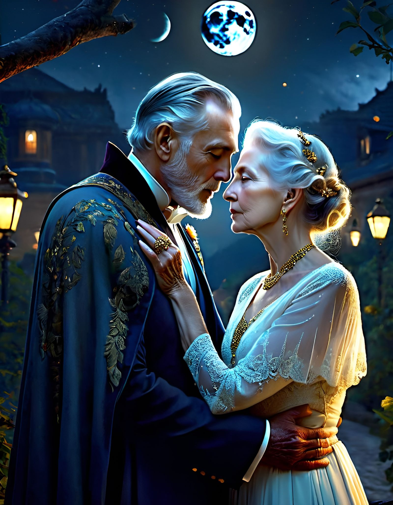 Elderly Couple Falling in Love Under Moonlight