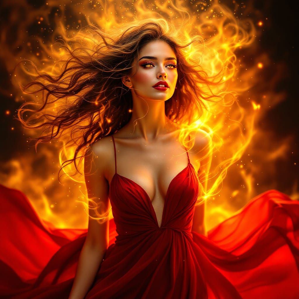 Confident Woman Surrounded by Golden Light