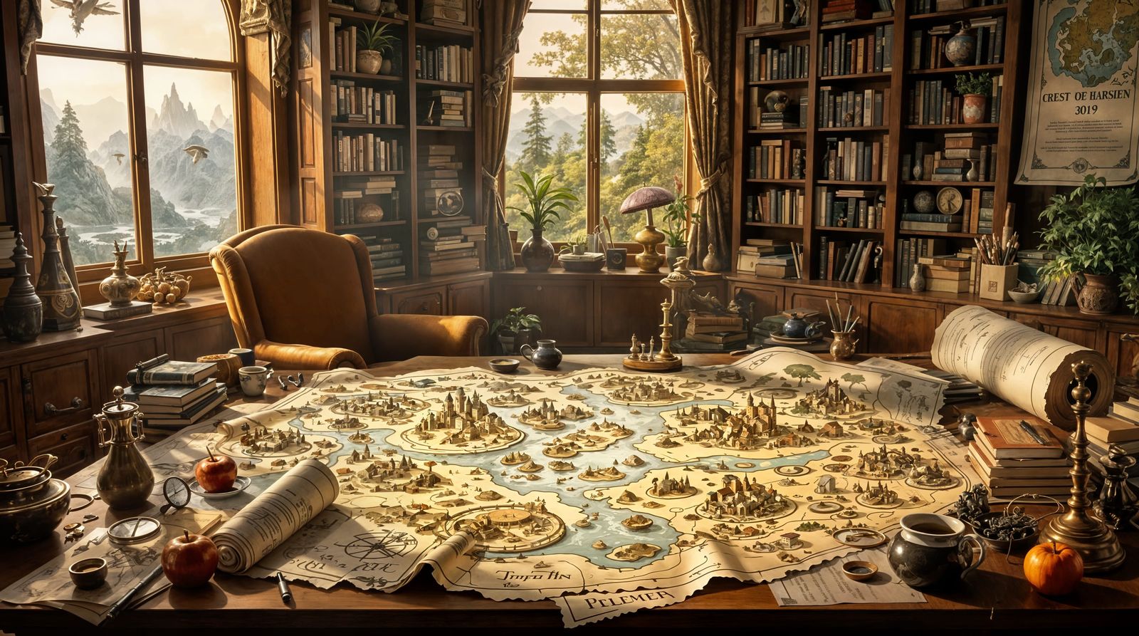 Cartographer of Whimsical Realms in Cozy Study