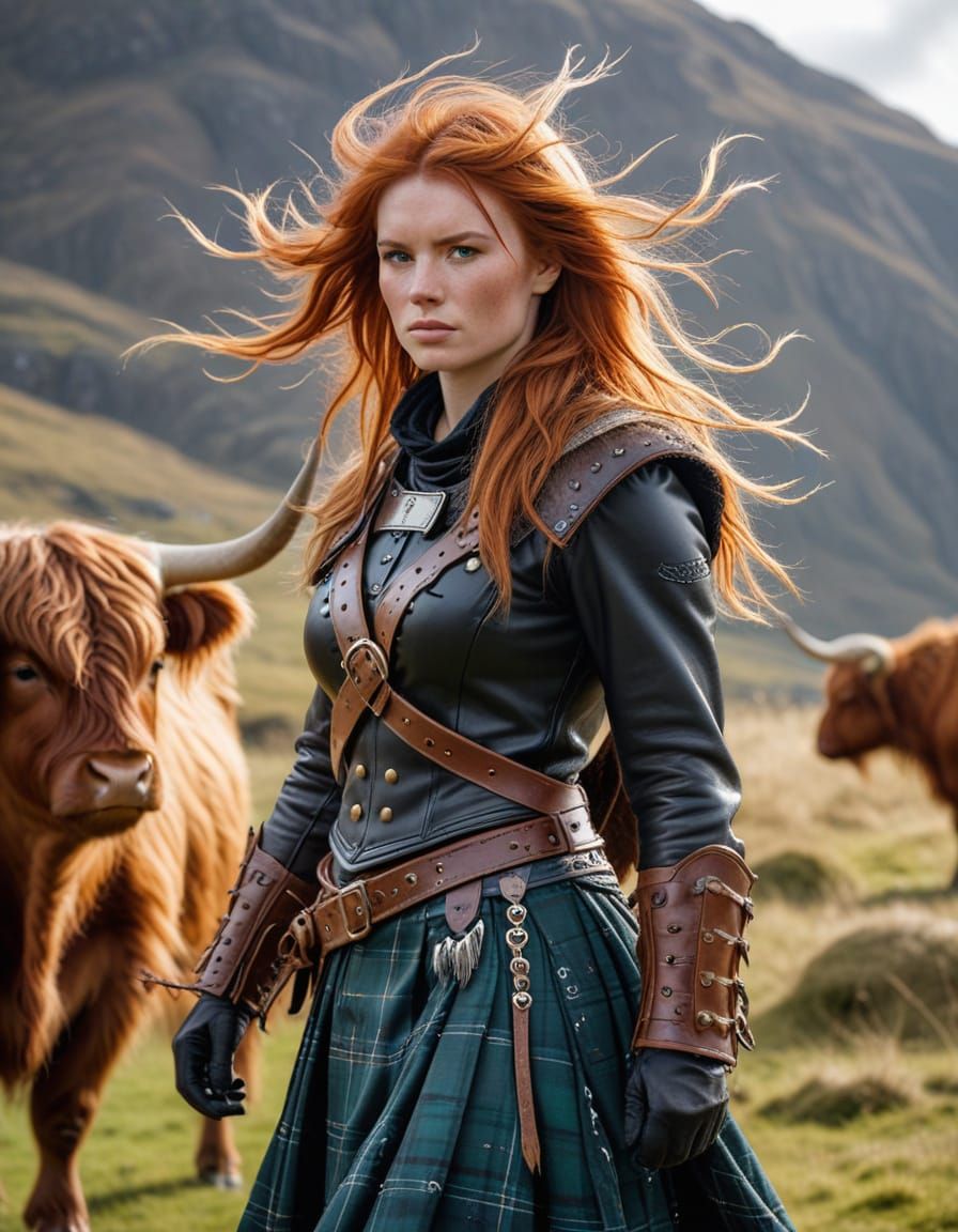 Scottish Warrior with Highland Cow in Windy Landscape