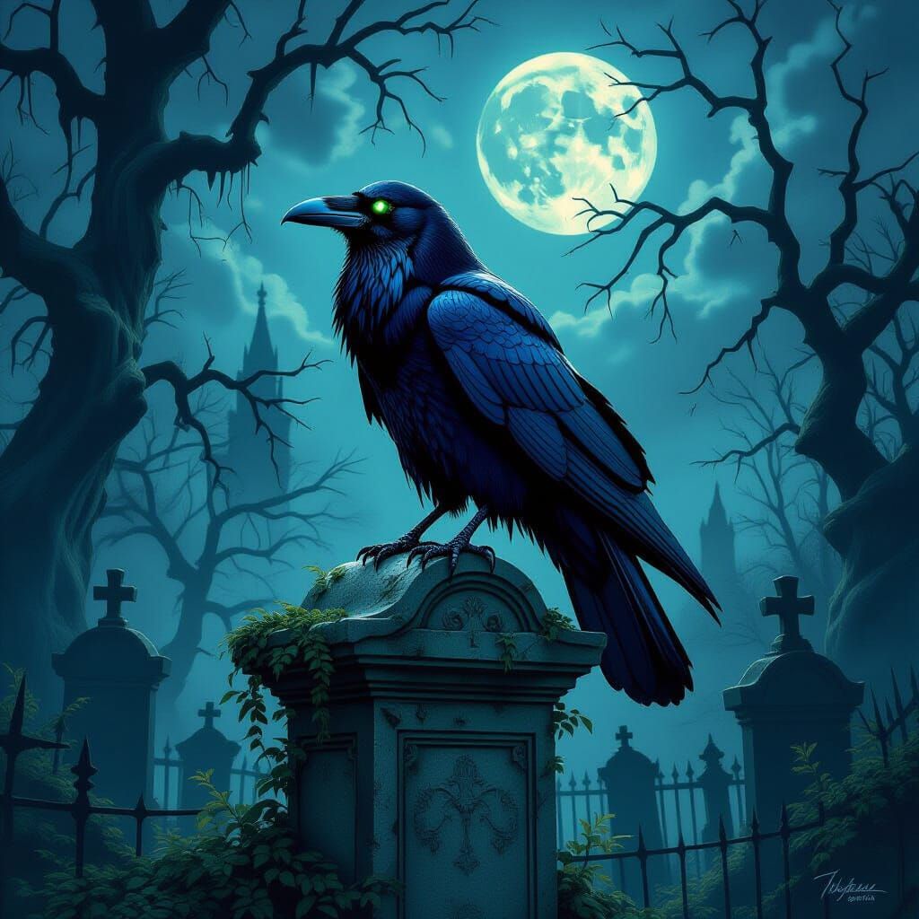 Majestic Raven on Gothic Mausoleum with Emerald Eyes