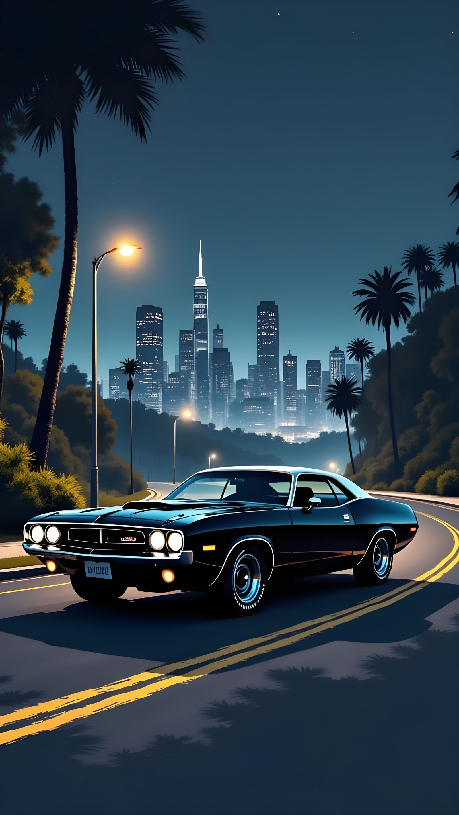 Anime Night Street Scene with Vintage Car and City Skyline