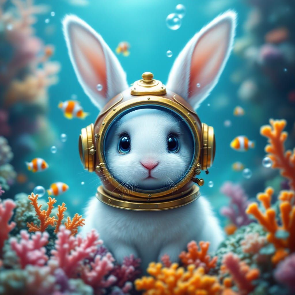 Whimsical Underwater Scene with Rabbit and Coral Reef