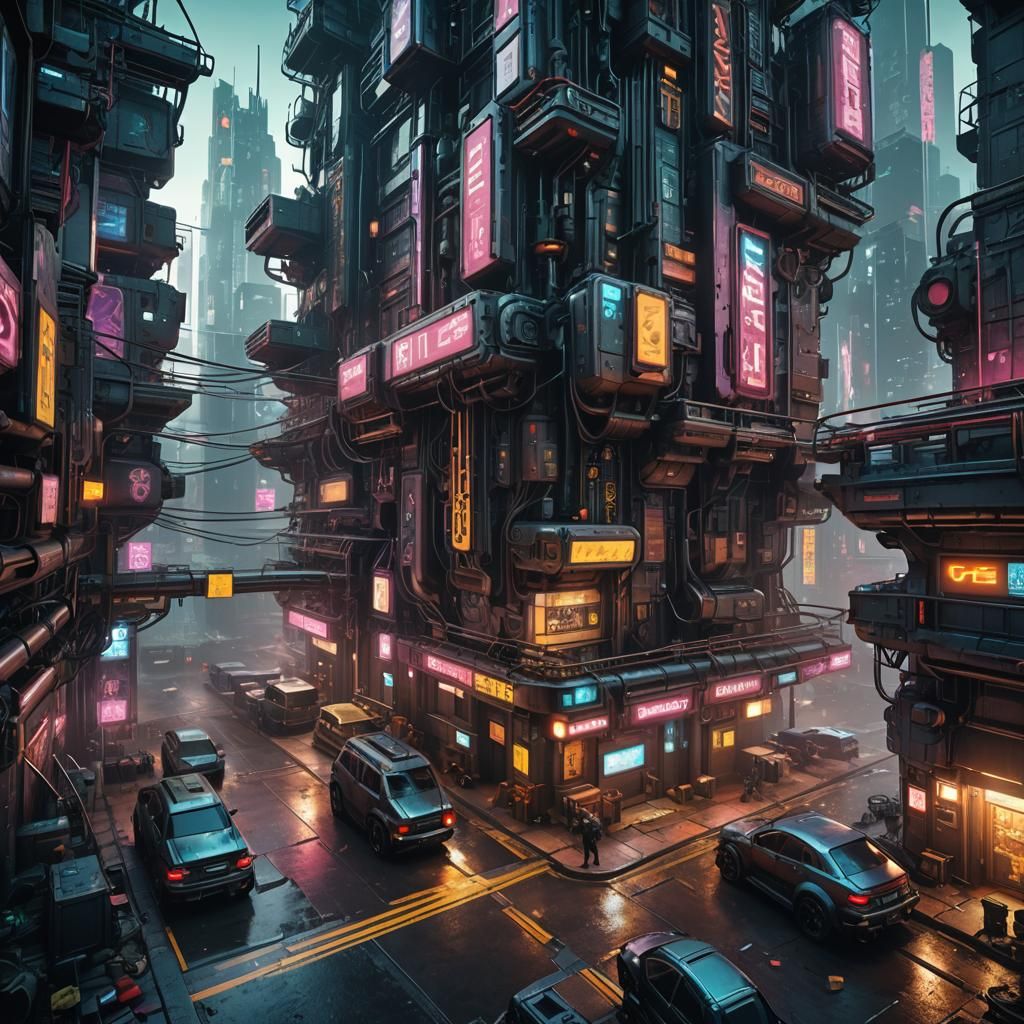 Detailed Cyberpunk Matte Painting in Deep Color
