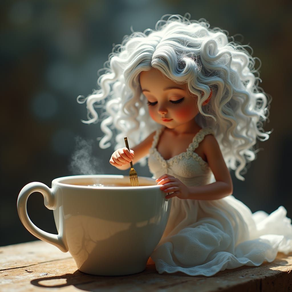 Miniature Woman Stirring Giant Coffee Cup