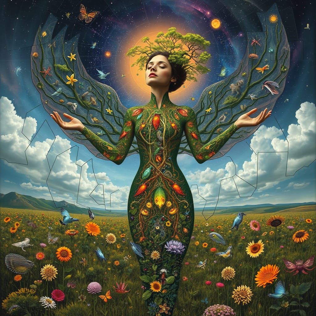 Surrealist Bio-Art Portrait of a Woman as Interconnected Eco...