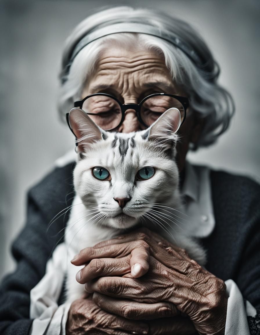 Elderly Woman Portrait with Cat in Photographic Style