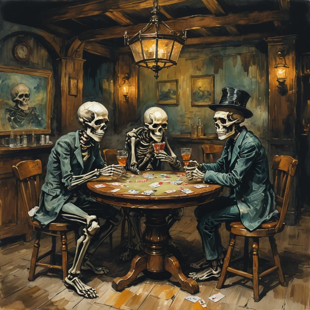 Skeletons Playing Poker as Post-Impressionist Splash Art