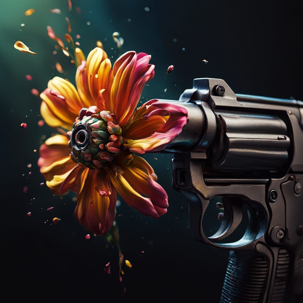 Flower in Gun: Vibrant Triadic Oil Painting