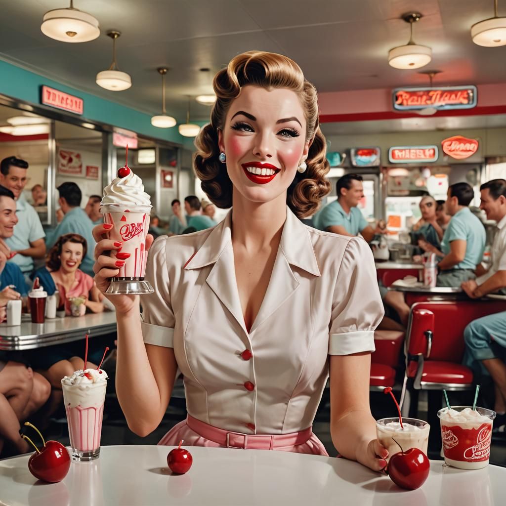 Retro Diner Pinup Girl with Cherry Milkshake