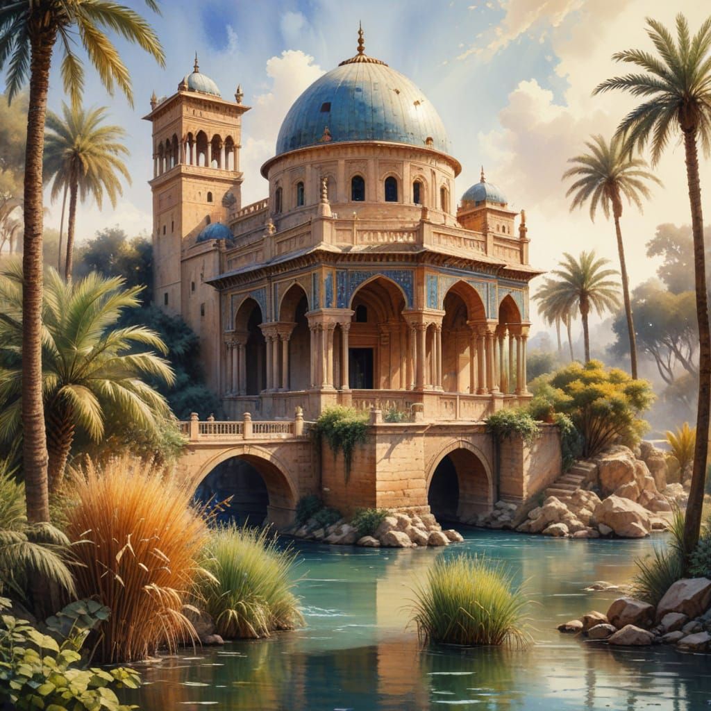 Babylonian Palace Oasis in Vibrant Watercolor