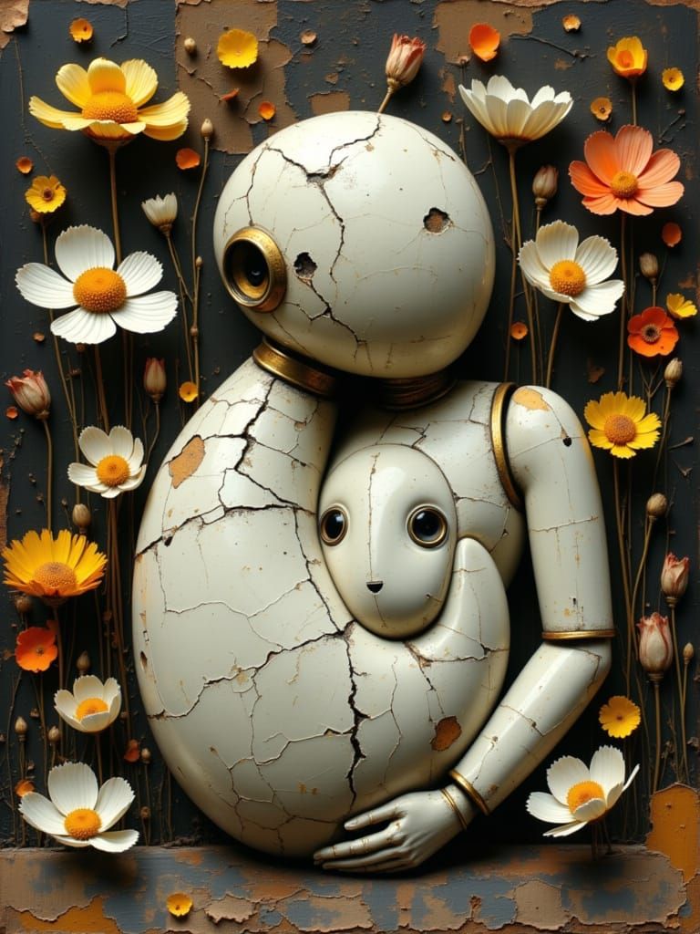 Kintsugi Robot in Wildflower Field, Impressionist Style