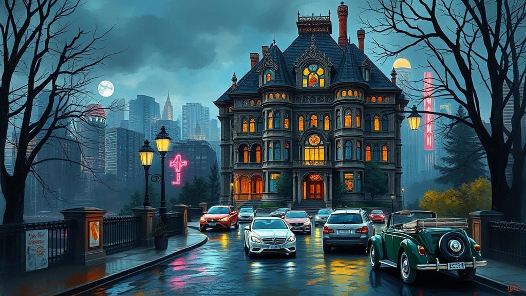 Victorian Mansion Overlooking Cyberpunk Metropolis
