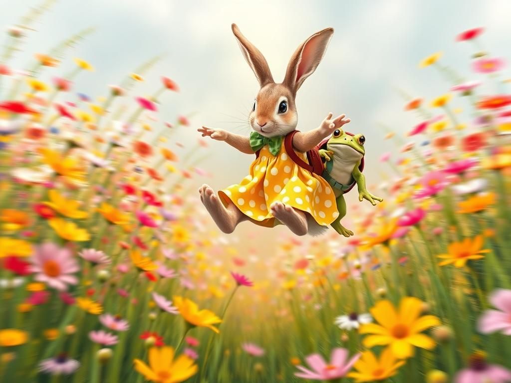 Rabbit and Frog Leap Through Wildflower Meadow