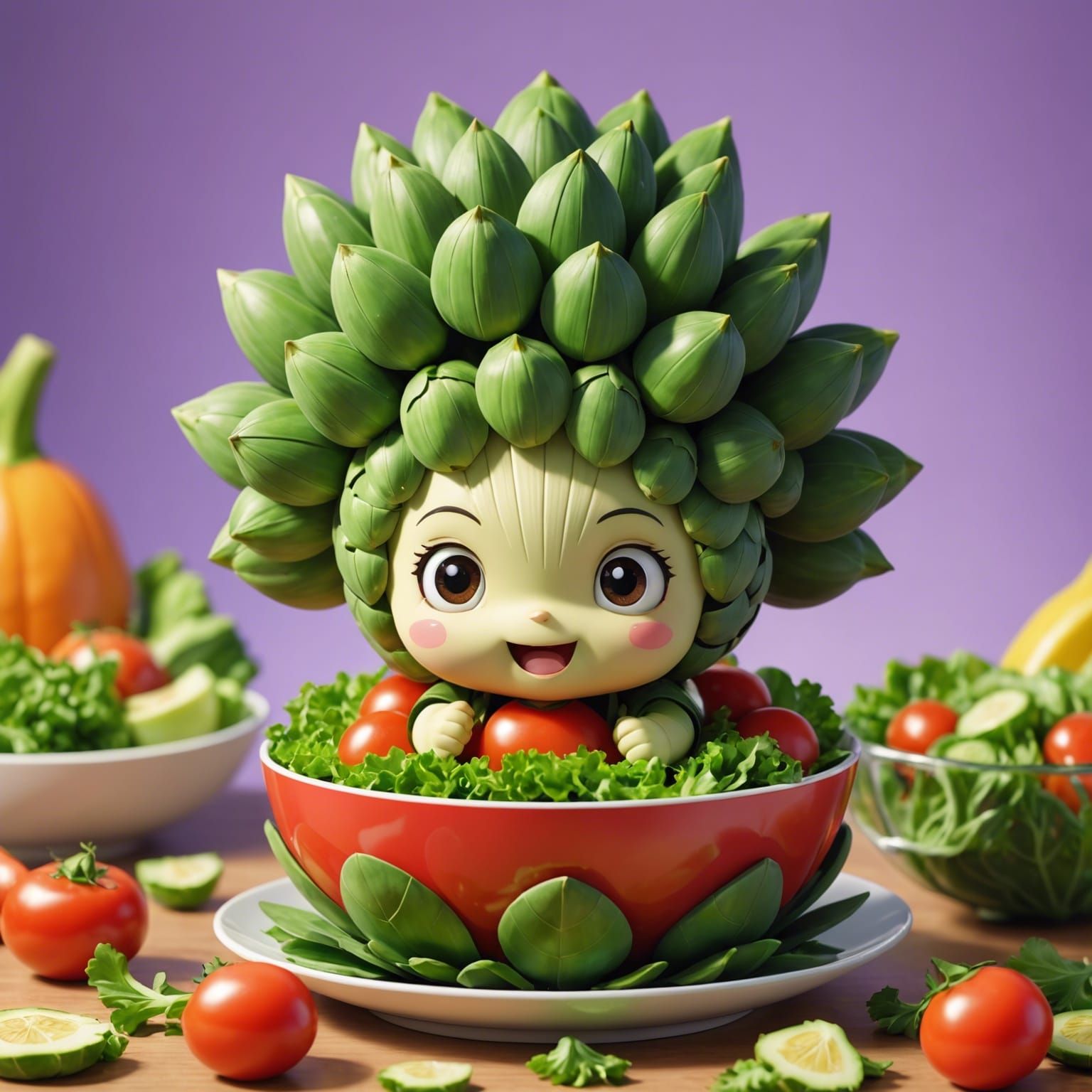 Artichoke Chibi in Vegetable Salad: 3D Digital Art