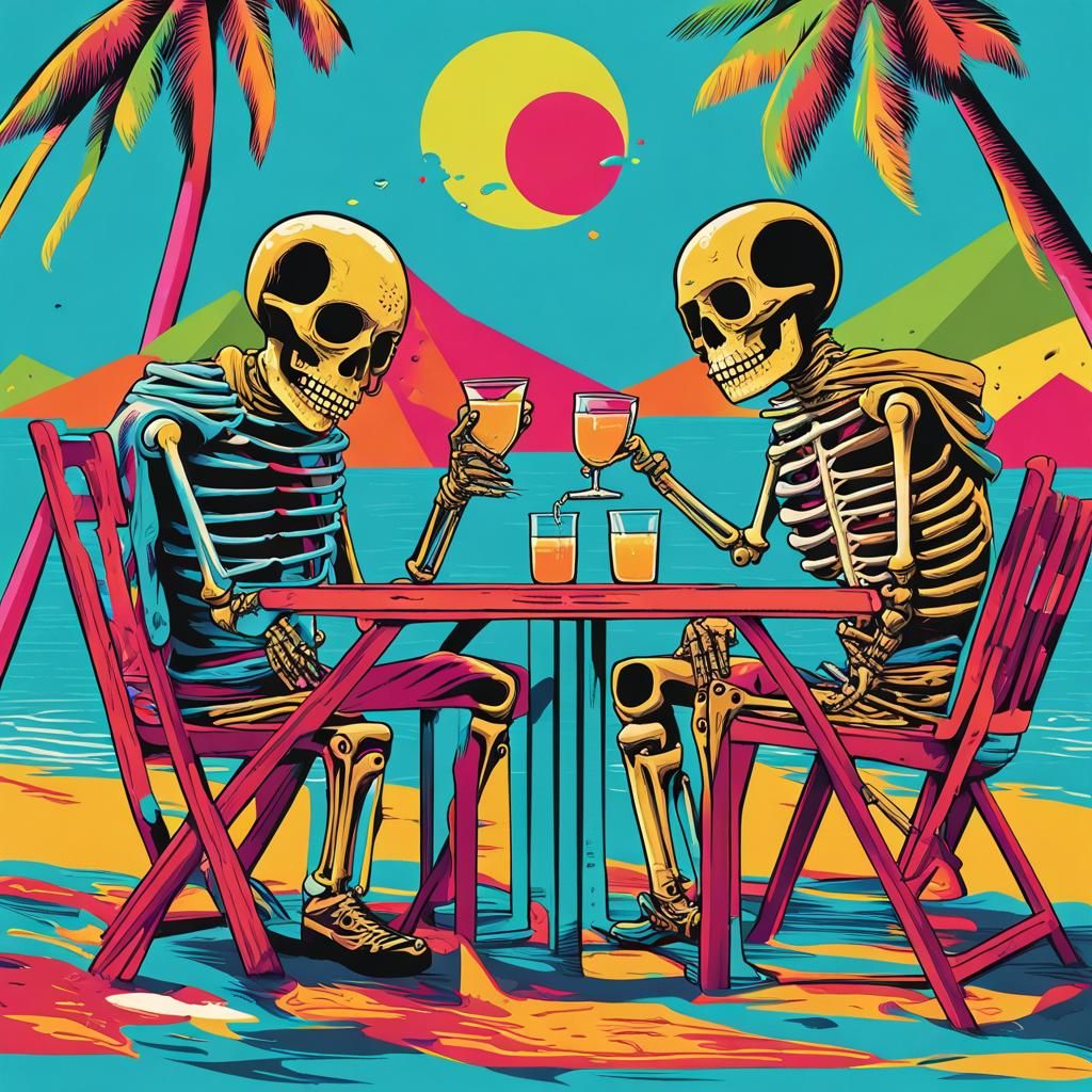 Day of the Dead Skeleton and Masked Man on Beach