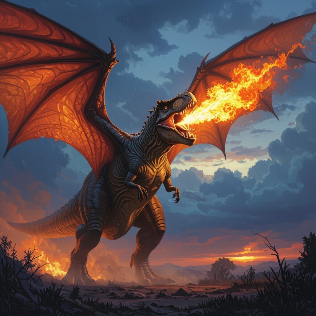 Fire-Breathing T-Rex with Pteranodon Wings in Epic Fantasy A...