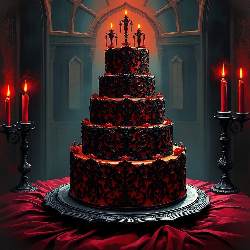 Majestic Victorian Gothic Birthday Cake in Dramatic Candleli...