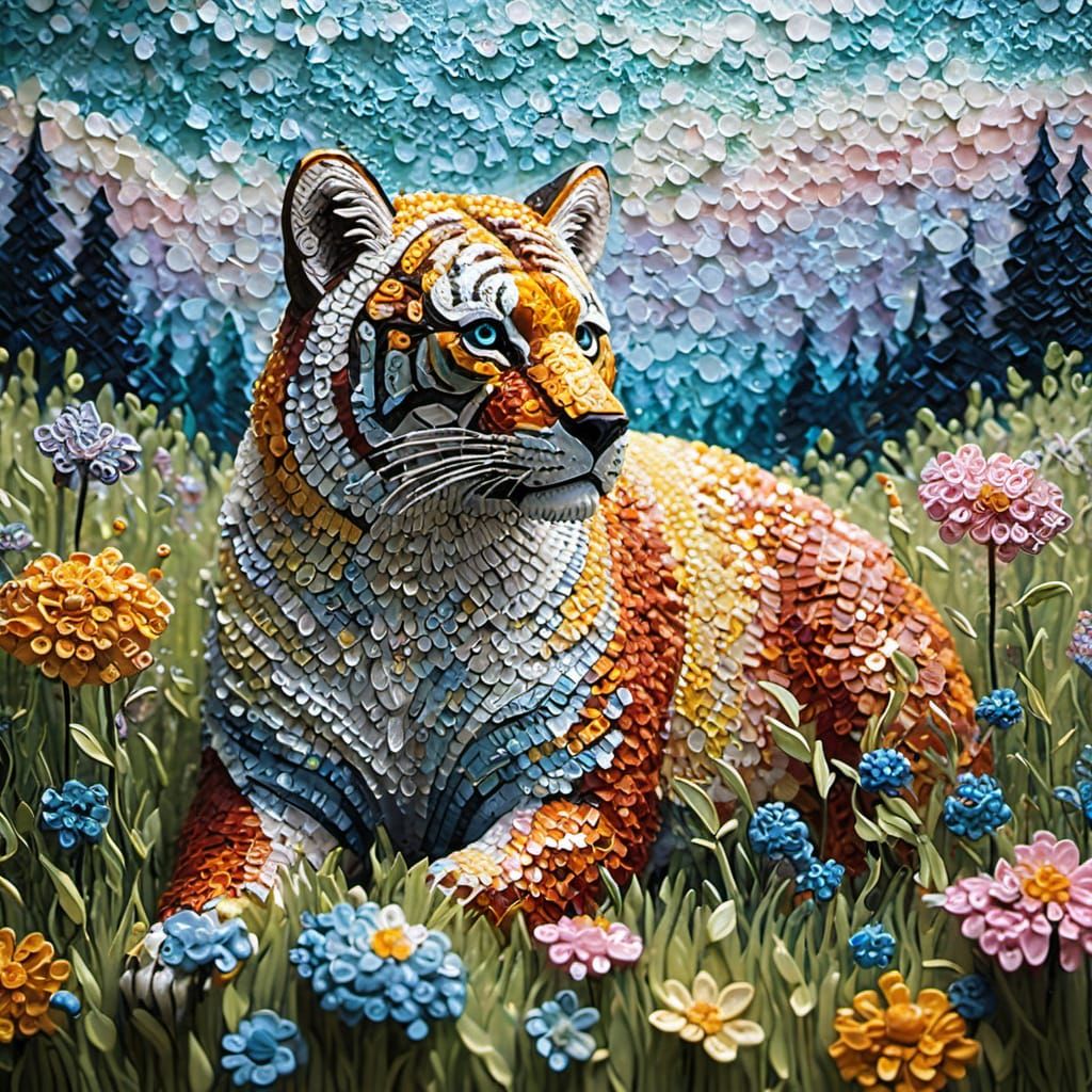 Beadwork Tiger Cub in Wildflower Meadow