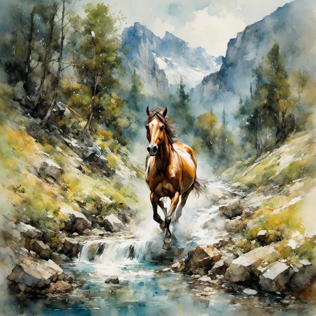Horse in Mountain Stream: Gouache Watercolor Impressionism