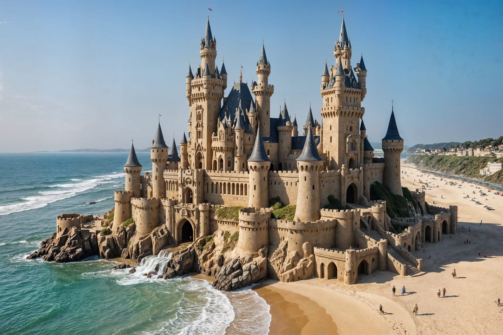 Elaborate Sandcastle on Beach with Water Features