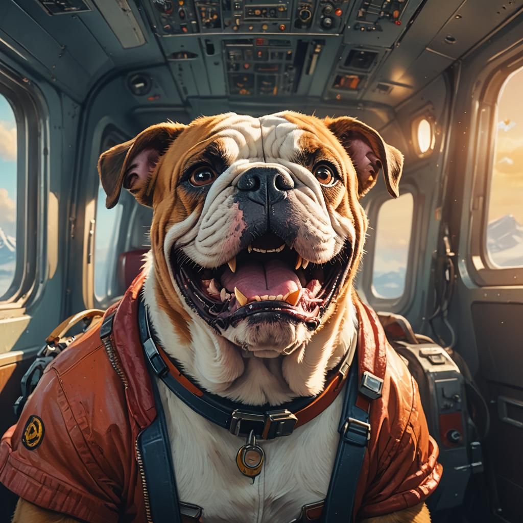 Happy Bulldog Portrait Inside Airplane, Digital Art
