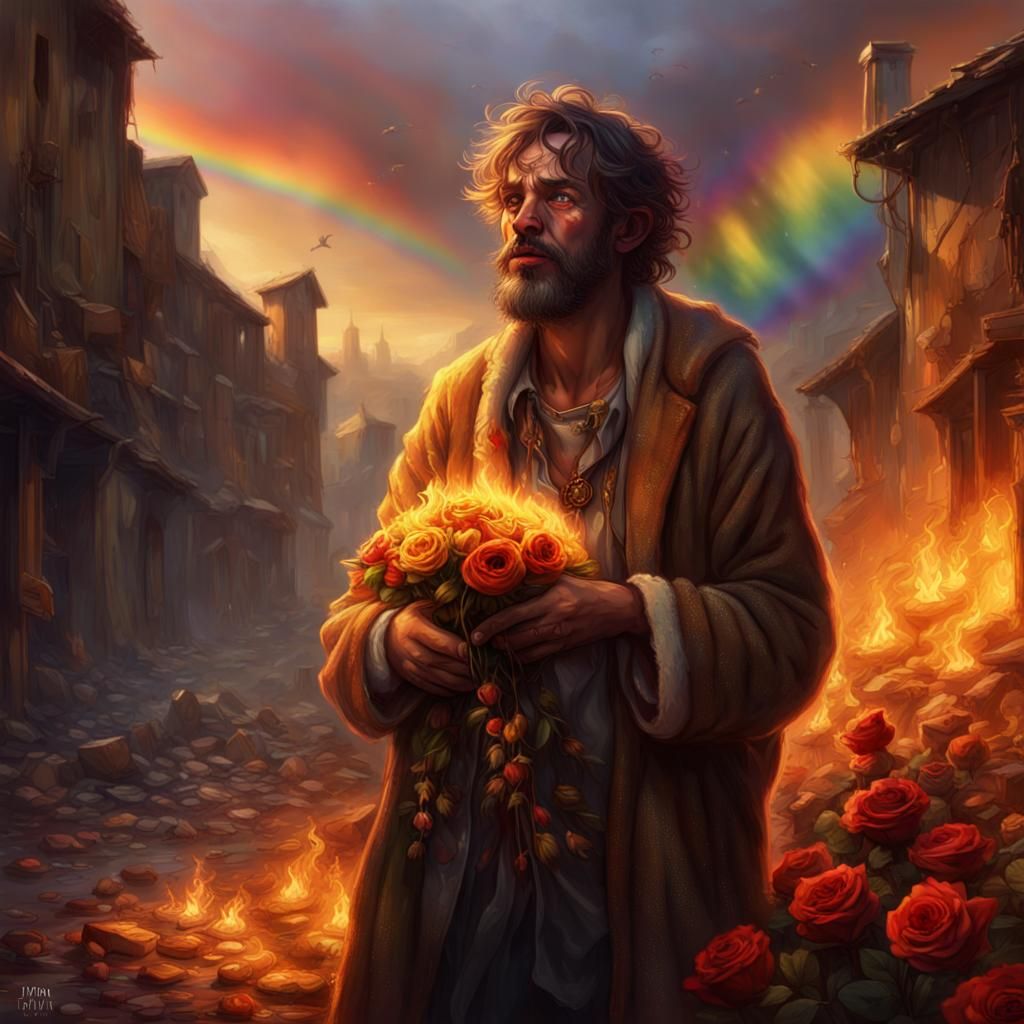 Beggar Emitting Rainbows and Fire in Detailed Matte Painting