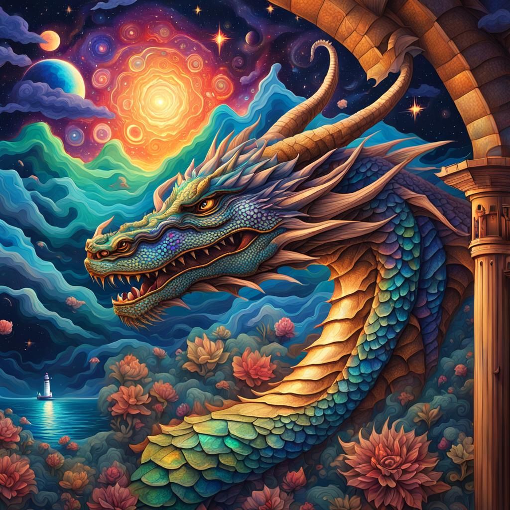 Dragon Mural on Lighthouse Wall, Astral Illustration