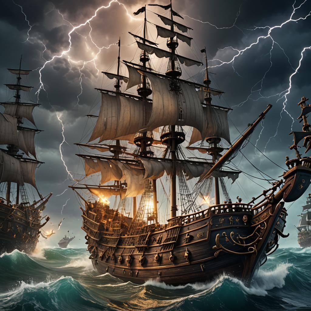 Pirate Ship Amidst Bottled Lightning Storms