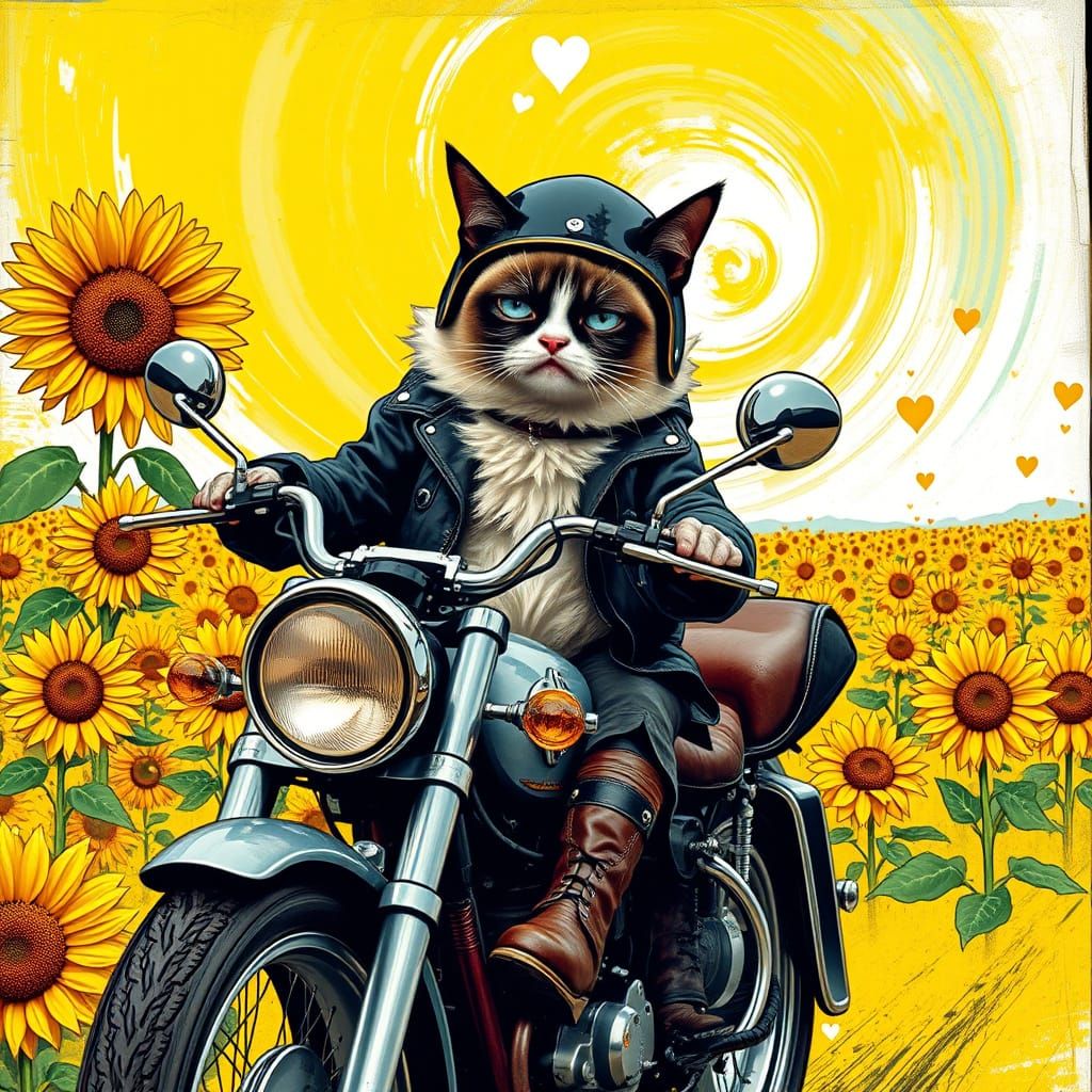 Cyberpunk Cat Rides a Chrome Motorcycle Through a Vibrant Su...