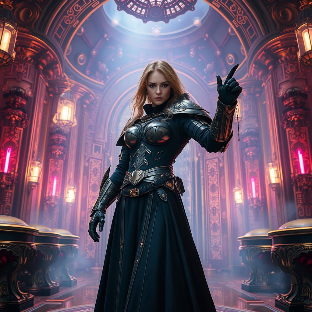 Victorian Futurist Warrior in Ethereal Chamber