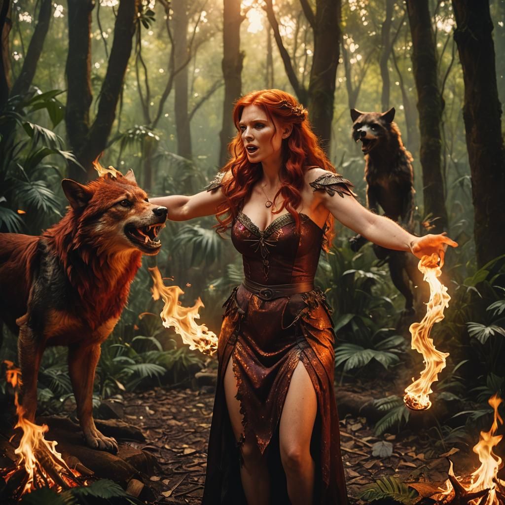 Fiery Fairy Confronts Werewolf in Jungle Scene