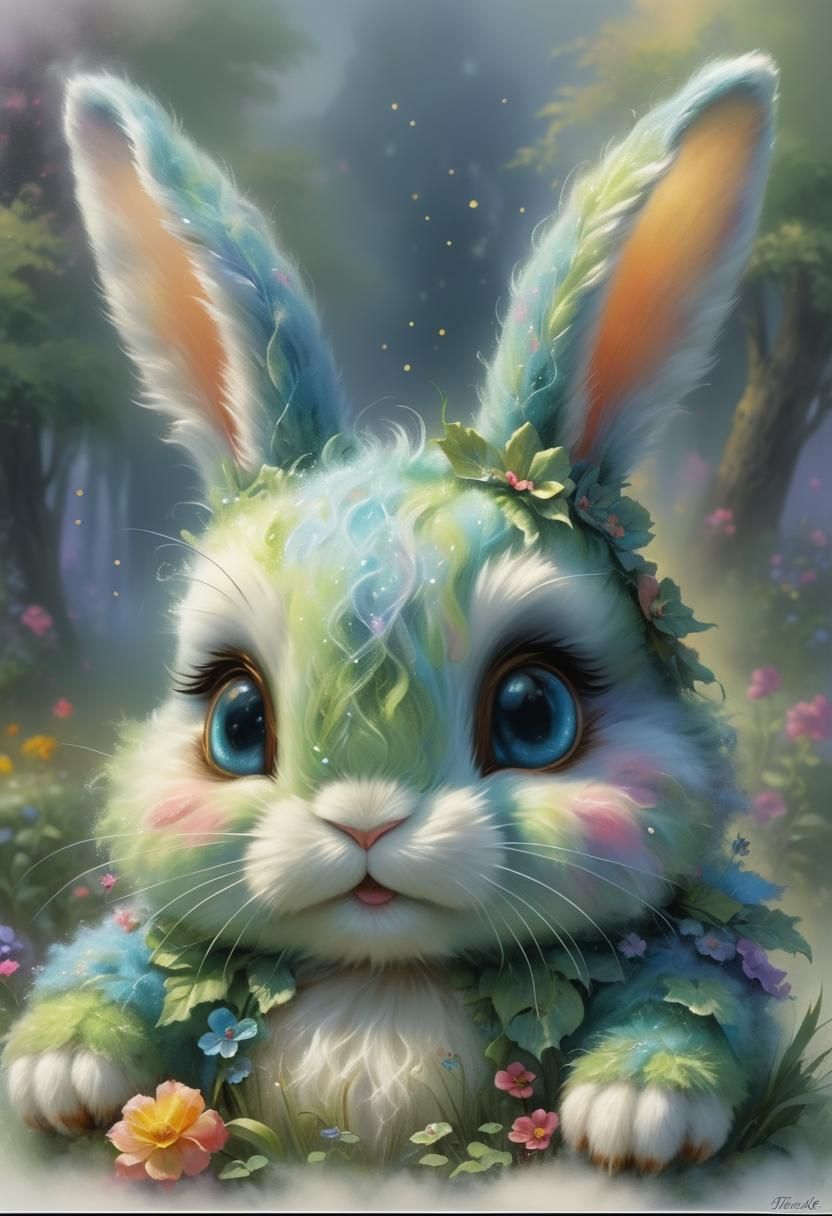 Adorable Fuzzy Bunny in Ethereal Fantasy Landscape