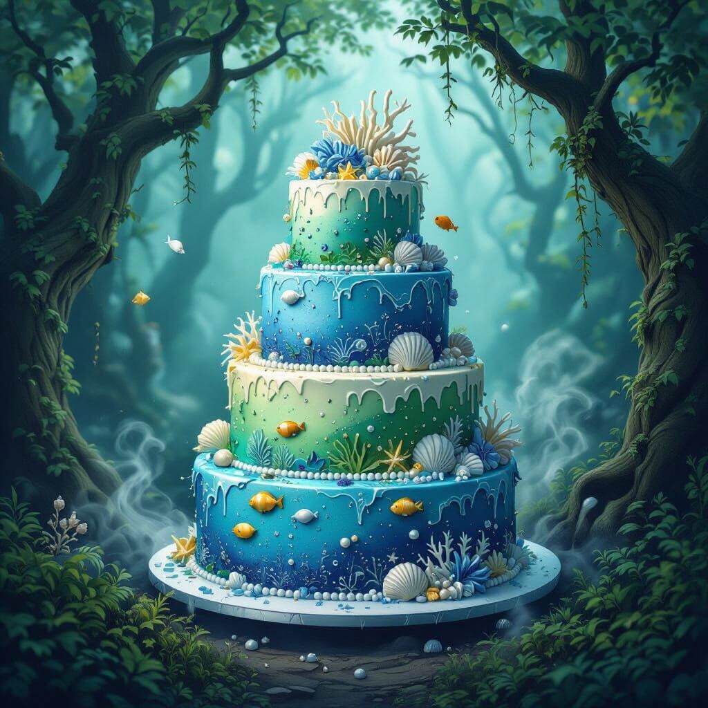 Ocean Cake in Enchanted Forest, Fantasy Concept Art