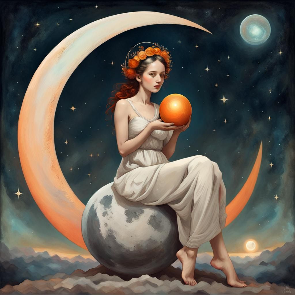 Woman on Moon with Halo: Vintage Digital Art