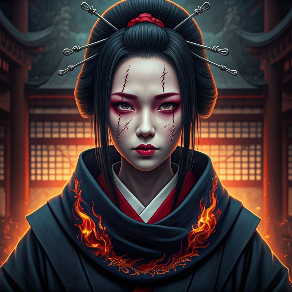 Cyberpunk Geisha with Ethereal Scarf in 3D Realistic Anime S...