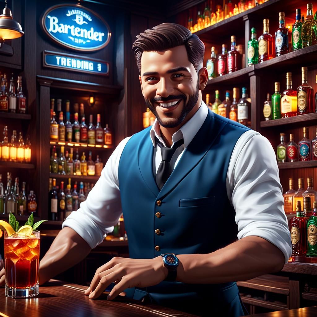 Detailed Matte Painting of a Happy Bartender