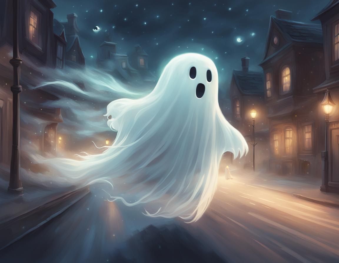 Cute Ghost Flies Down Dark Street: Whimsical Concept Art