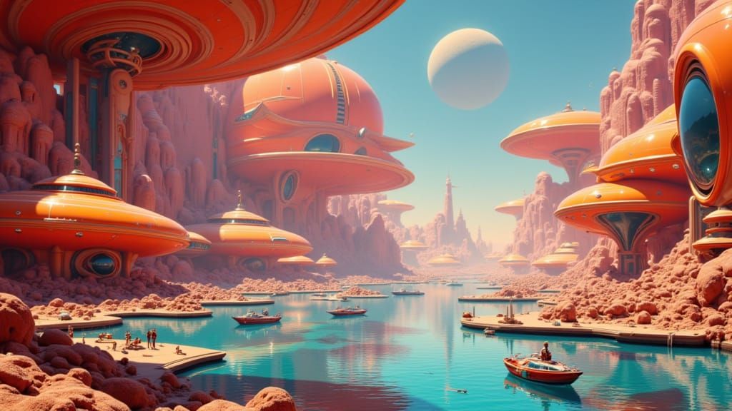 Exoplanet Spaceport: Vintage-Futuristic Harbor Scene