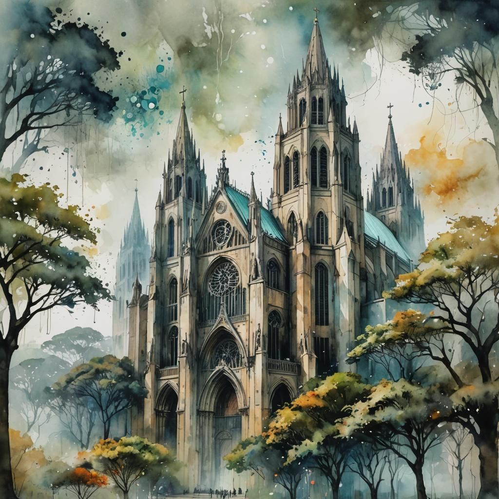 Brasilia Cathedral in Watercolor and Alcohol Ink