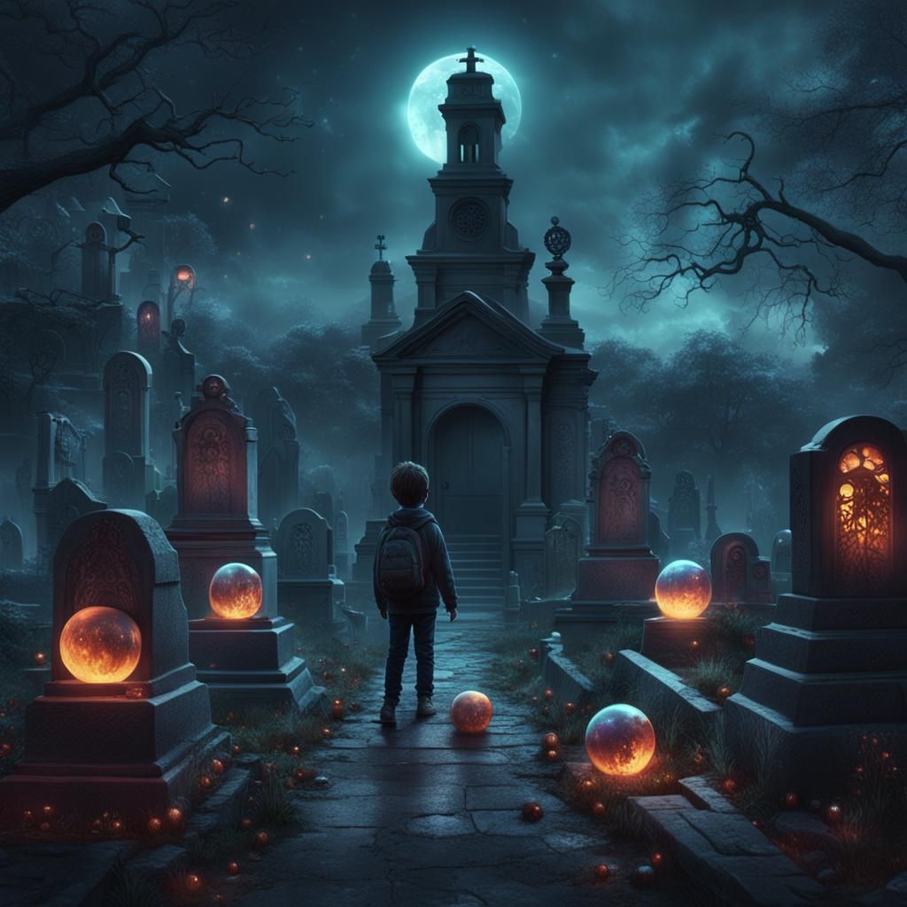 Emo kids in a cemetery. Ghost in orbs all around