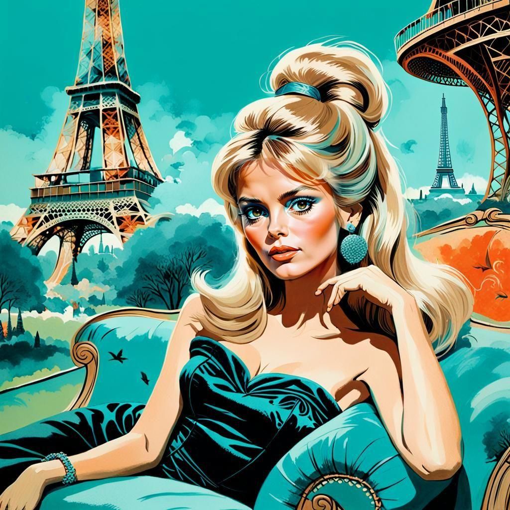 Portrait Brigitte Bardot 70th background Paris Eiffeltower gouache Roger Dean Modern Art acrylic art