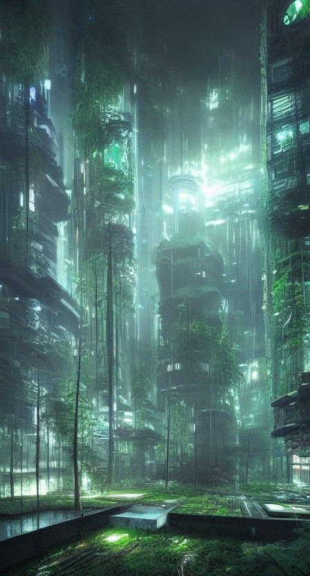 Photorealistic Floating Cyberpunk Forest