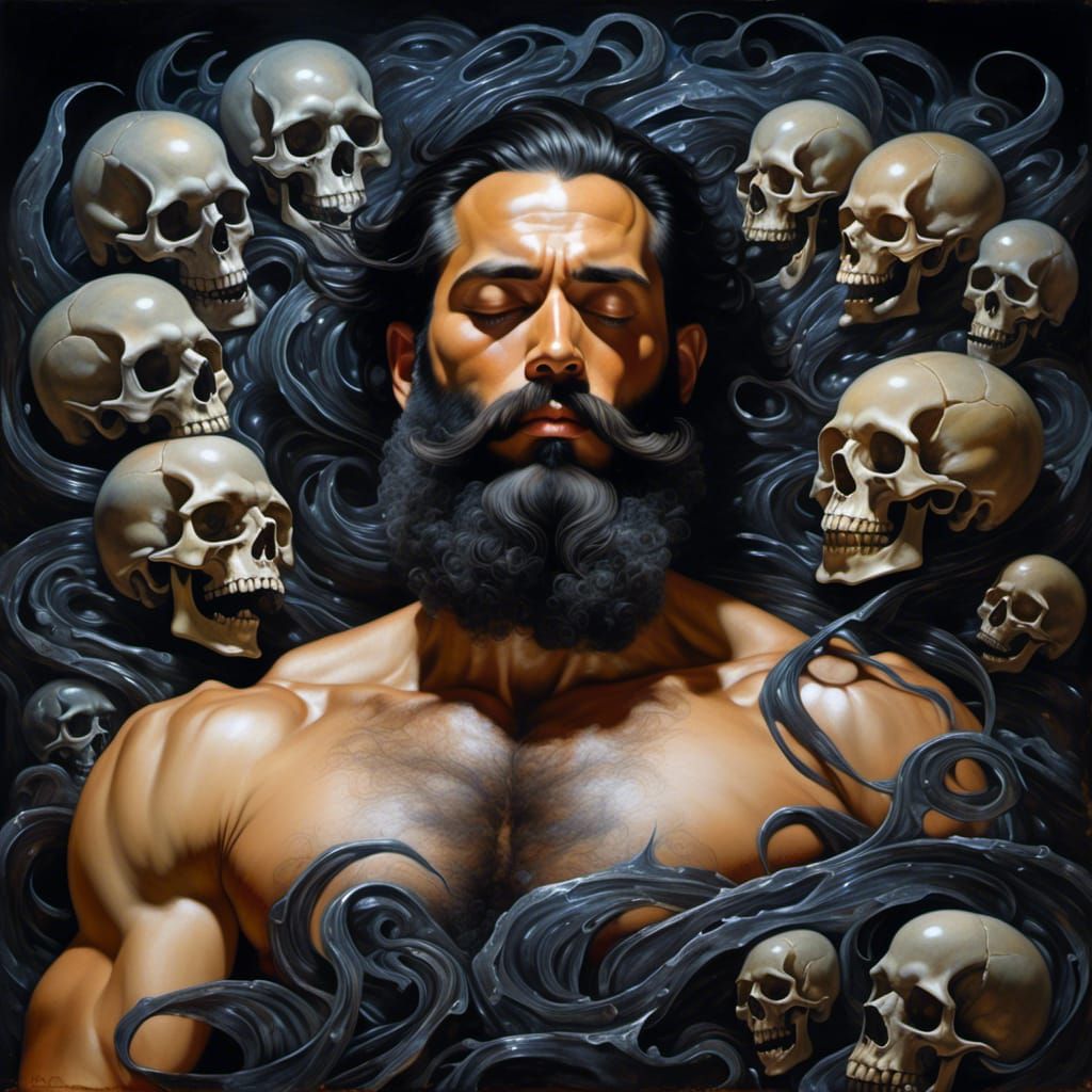 Noir Oil Portrait of Tired Man with Beard