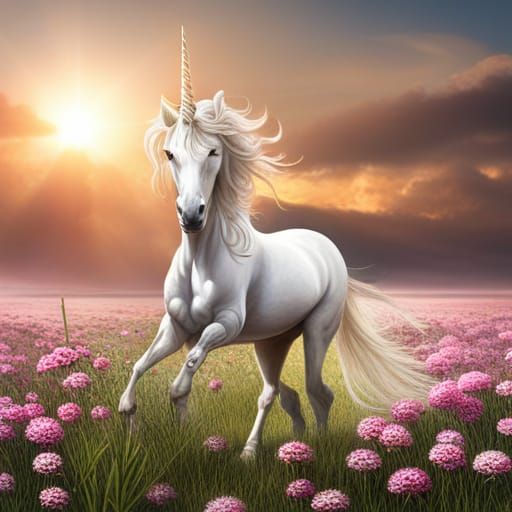 Elegant Unicorn in Flower Field: Splash Art