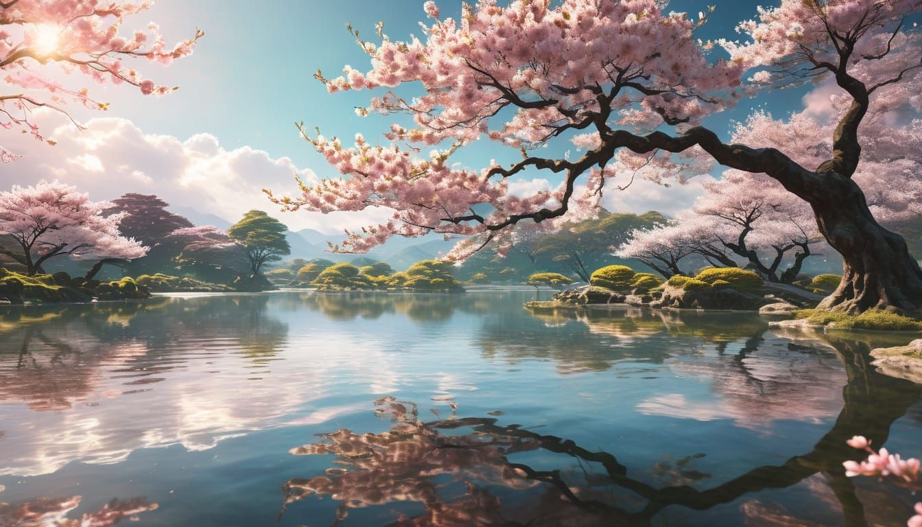 Sakura Tree by Lake: Cosmic Illustration in Astral Style