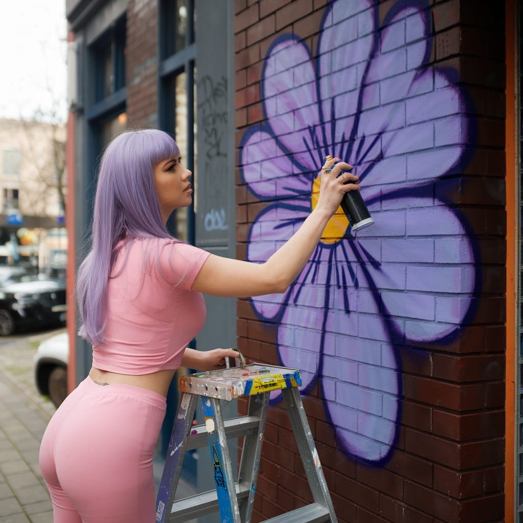 Woman Spray Painting Graffiti Art on Brick Wall