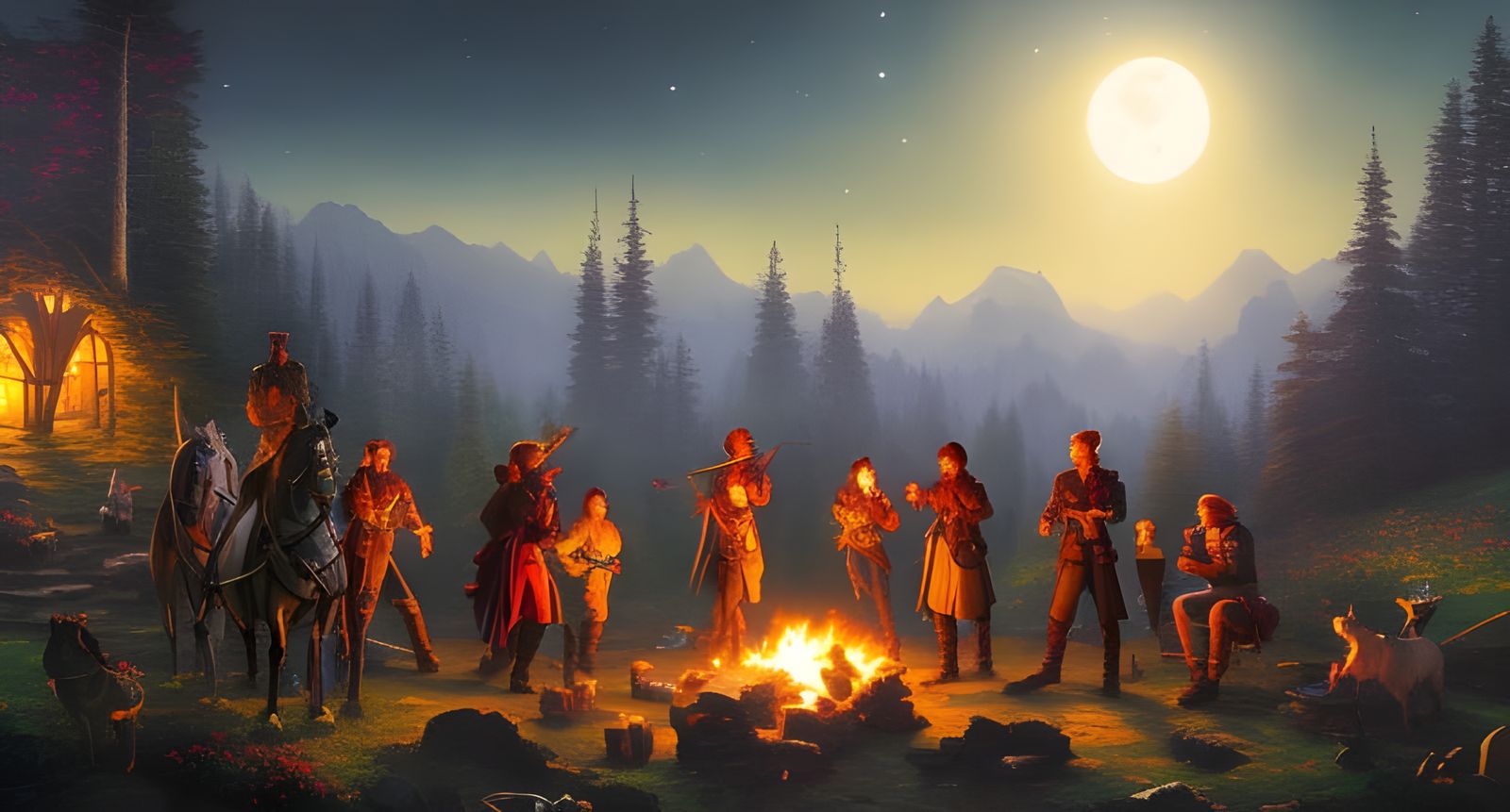 D&D Party Campfire Under a Full Moon in Hyperrealism