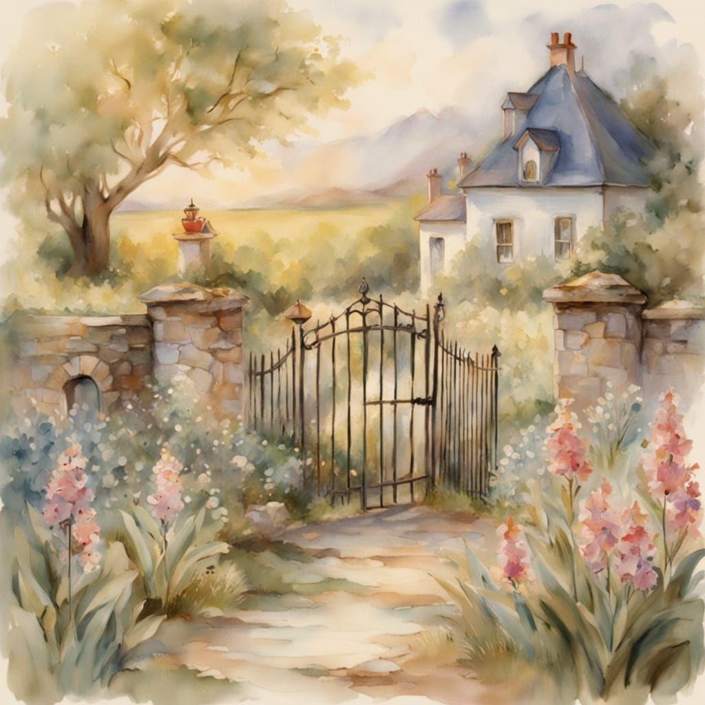 Whimsical Watercolor Garden Scene in Rustic Style